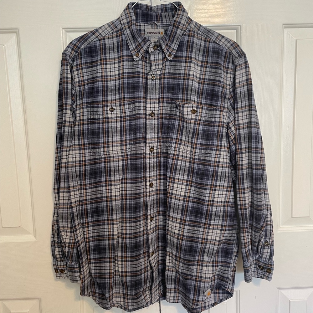 Relaxed Fit Carhartt Flannel Collared Shirt, Blue/Tan/White Plaid, XL